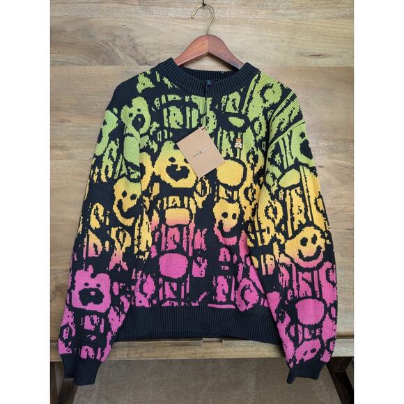 Teddy Fresh Sweater Mens L Green Black Flames Bear Gradient Jacquard Knitted NWT - Picture 1 of 4